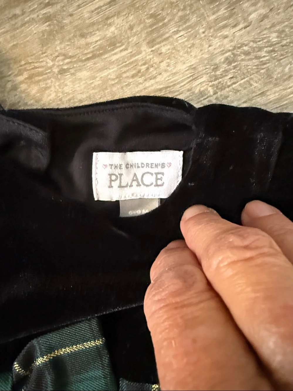 The Children's Place in 6-9 mos Black Velvet Bodice with Green Plaid Skirt Dress